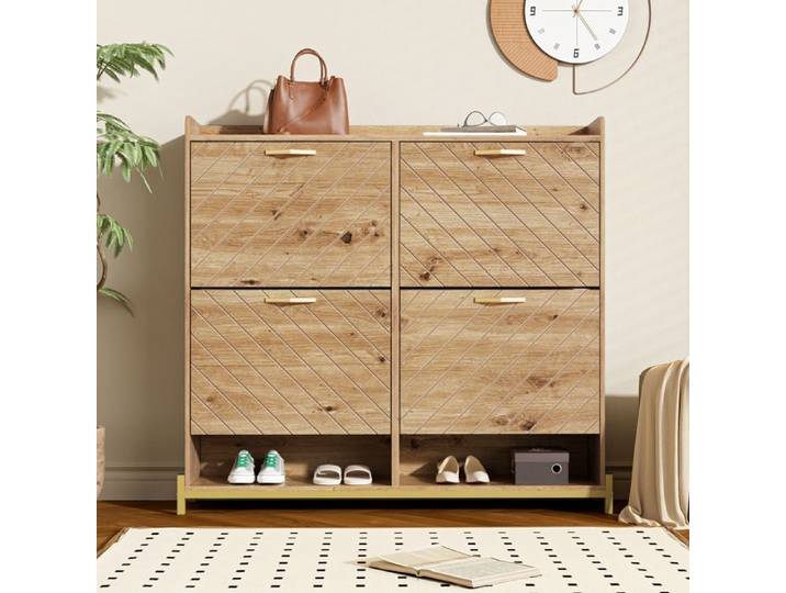 Meuble à Chaussures en Bois - Meuble d'entrée Rangement pour Chaussures - 4 Portes - Commode à Chaussures - 108.5x24x100 cm