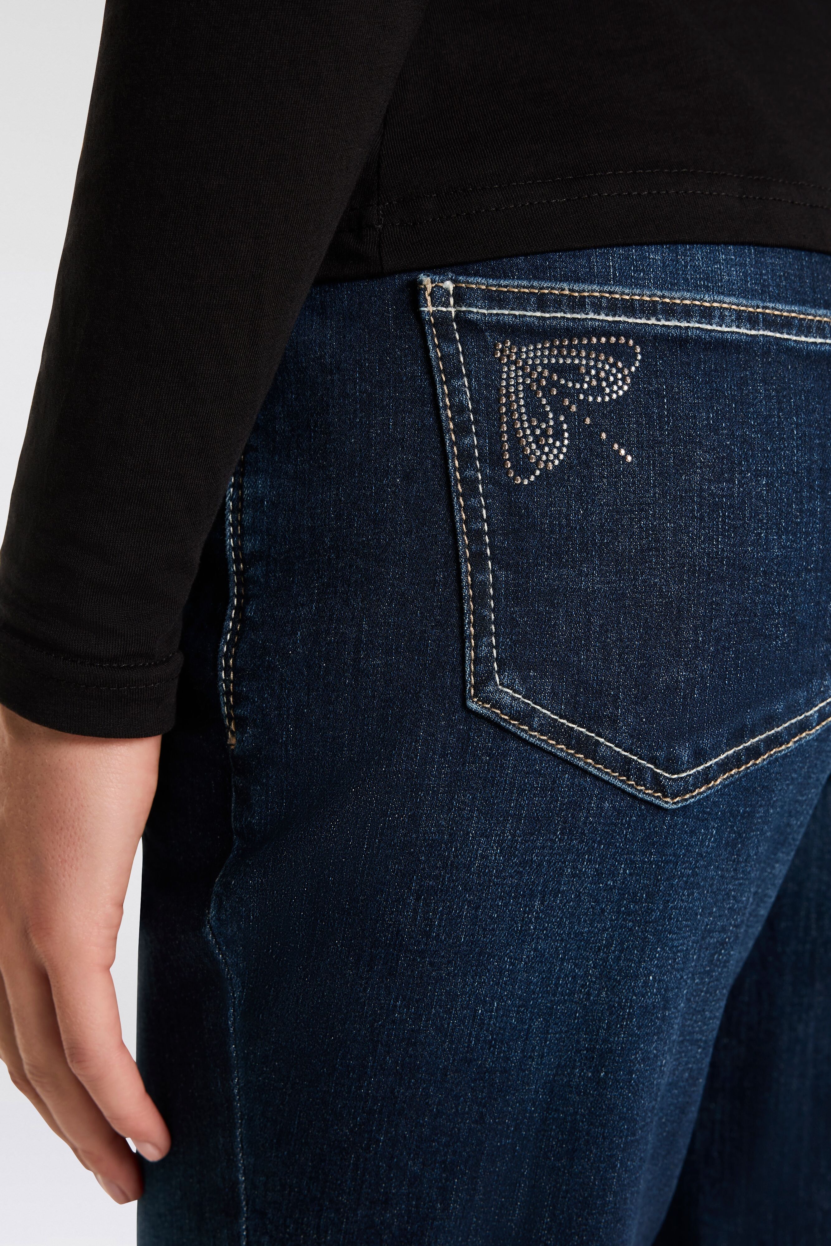 Gerade Jeans MAC "MELANIE dragon-fly", Damen, Gr. 36, Länge 32, blau (new basic wash), Denim/Jeans, Obermaterial: 98% Baumwolle, 2% Elasthan, figurbetont knöchellang, Jeans Gerade Jeans, Dekoratibe Nietendetails auf der hinteren Tasche new basic wash 36, 