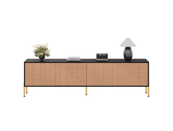 Meuble TV moderne - 179x35x53 5 cm - Noir et naturel - Panneau de particules - Pieds en métal doré