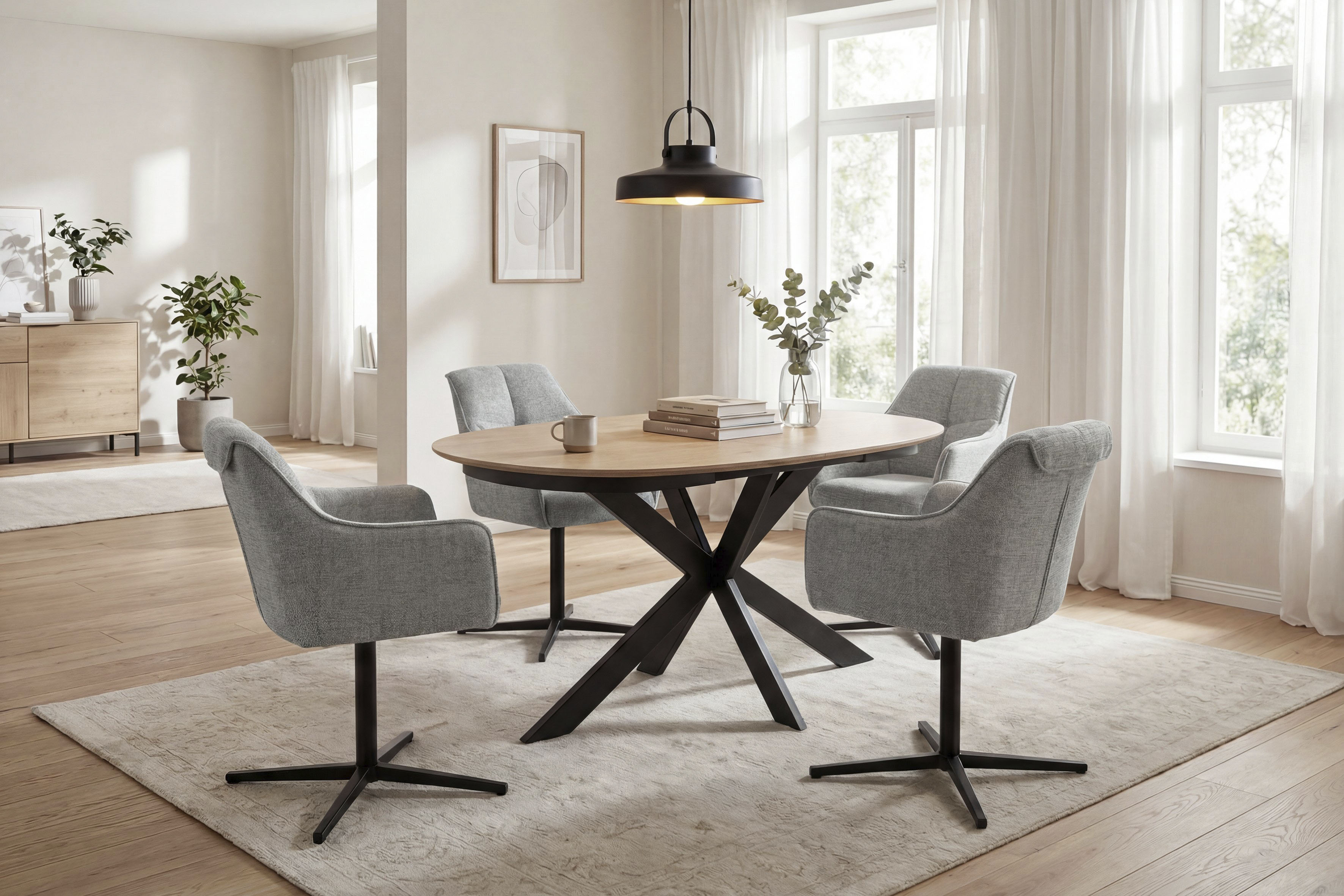 Esszimmerstuhl BYLIVING "MEXICO", grau, schwarz, B:65cm H:87cm T:67cm, Metall, Stoff, Stühle, Esszimmerstuhl, 360 drehbar, Taschenfederkern, Doppelte Aufpolsterung im Rücken grau, schwarz B/H/T: 65cm x 87cm x 67cm, 2 Stk., Strukturstoff