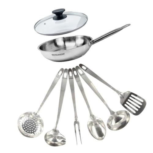 Fackelmann Eterna Pannenset van 18/8 Roestvrij Staal met Glazen Deksel en 6 Keukengerei, 24 cm