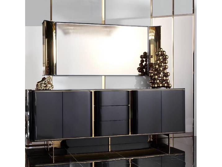 Xlmoebel Sideboard Moderne Anrichte mit schwarzem Spiegelaufsatz aus Holz und Metall (Anrichte + Spiegel, Anrichte + Spiegel), Hergestellt in Europa