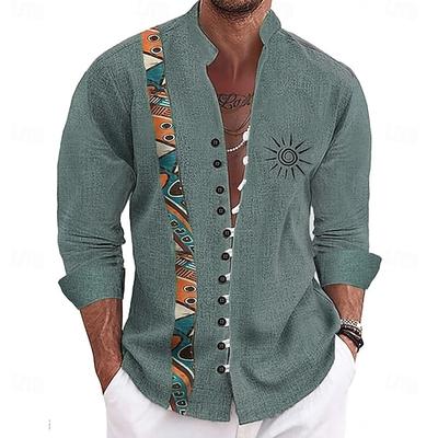 Herren Sonne Ethnisch Indische Kultur Hemd Stehkragenhemd Langarm Vintage-Retro Urlaub Alltagskleidung Ausgehen Frühling Herbst Mandarinkragen Stehkragen Button-Down Leinenähnliches Hemd Blau
