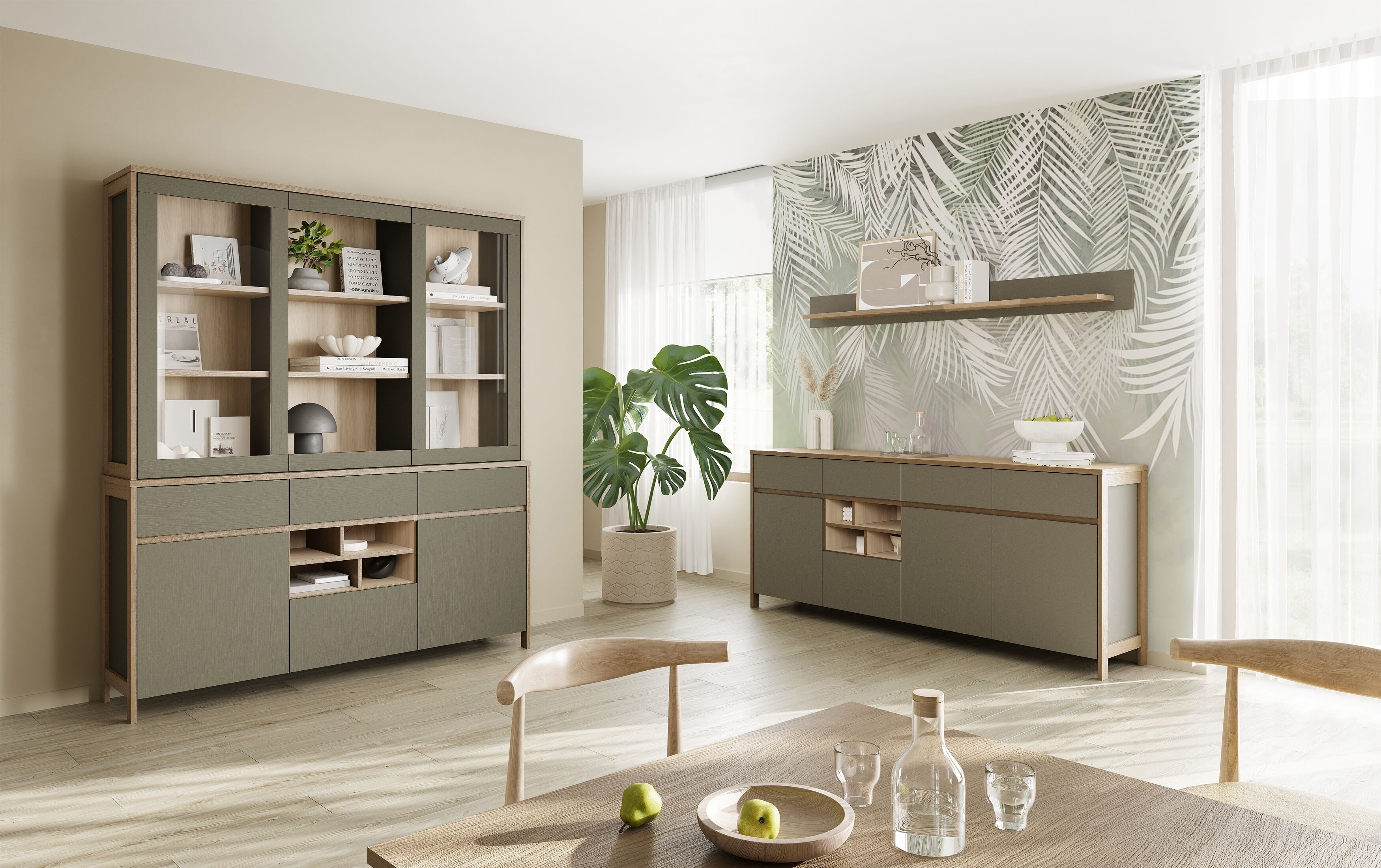 Wohnwand HOME AFFAIRE "Stranda, moderne Anbauwand, Komplettset im Scandi-Style", eukalyptus skandi eiche, B:193cm, Holzwerkstoff, Kastenmöbel-Sets, Wohnwand, enthält Sideboard und Buffet, ausreichend Stauraum eukalyptus skandi eiche B/H/T: 193cmcm