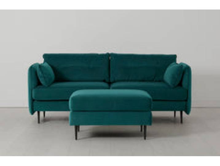 Model 19 Dreisitzer-Sofa mit Polsterhocker, Eisvogelblau