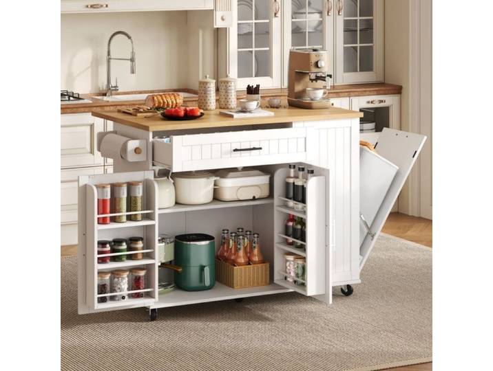 Îlot de cuisine mobile 130x45-70x93 cm - plateau rabattable - meuble poubelle - rangements - roulettes freinées - MDF - naturel