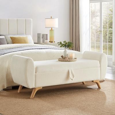 Modern Corduroy Upholstered Storage Bench with Curved Armrests and Solid Wood Legs by GDFStudio