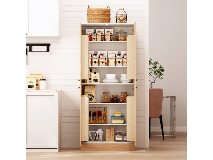 Armoire de cuisine haute 4 portes buffet garde-manger MDF effet chene naturel et blanc étagères réglables
