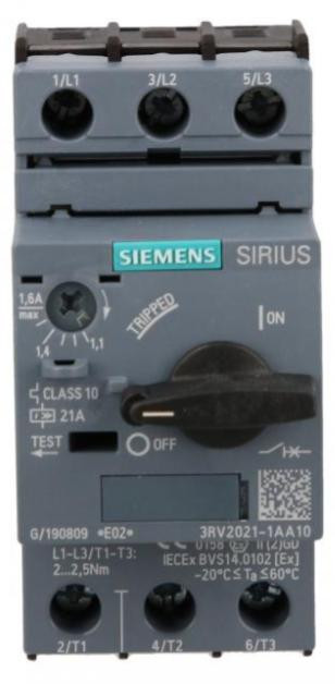 Siemens 3RV20211AA10 Motorbeveiligingsschakelaar S0, 1,1-1,6A, Klasse 10, Schroefklemmen