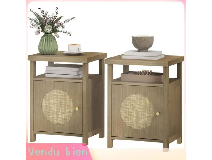 LIA Lot 2 tables chevet étroites compartiment ouvert placard rotin 40x35x55 cm marron