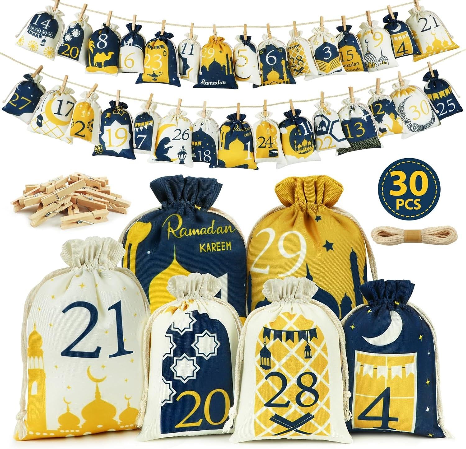 oCreon Ramadan-kalender 2026 - Set van 30 stoffen adventskalender zakjes voor kinderen - Ramadandecoratie