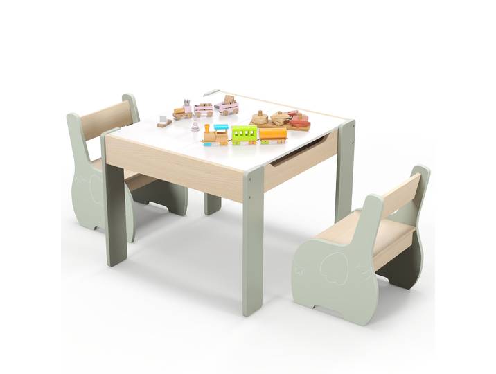 Kindertafel & Stoelenset 4-in-1 Speeltafel met Krijtbord en Opbergruimte, Olifantontwerp (3-6 jaar)