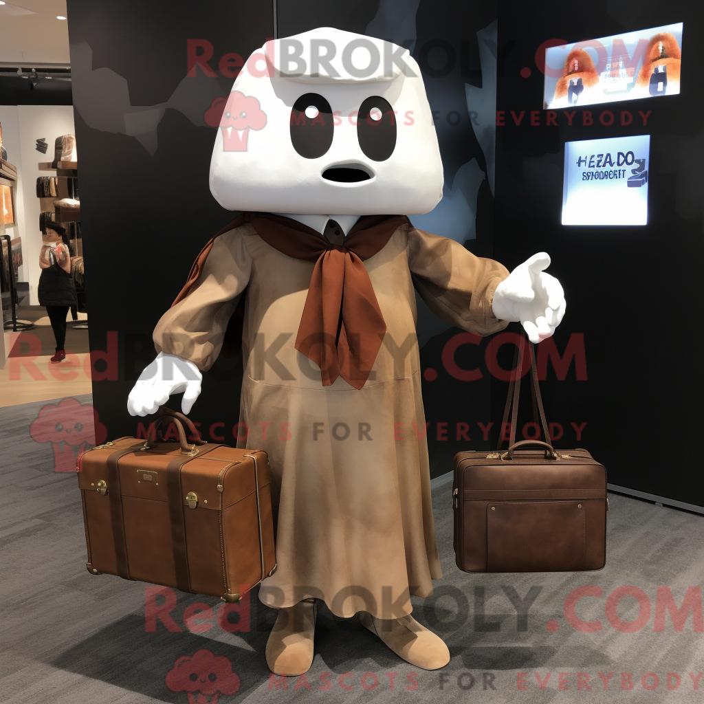 Maskottchenfigur REDBROKOLY eines braunen Geistes mit Oberhemd und Aktentasche