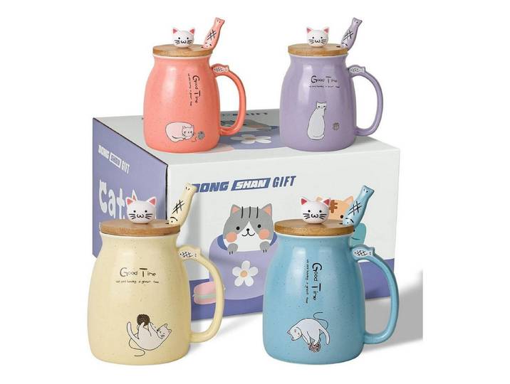 LuxusKollektion Tasse 4er Set süße Katzenbecher mit Deckel, Keramik-Tassen für, Keramik