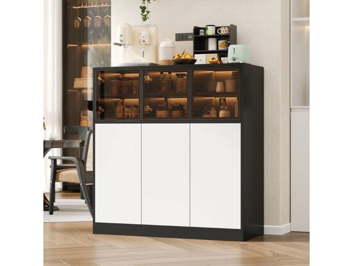 Buffet MERAX avec Éclairage LED 3 Portes Vitrées et 3 Portes - Noir et Blanc - Meuble Rangement Salon