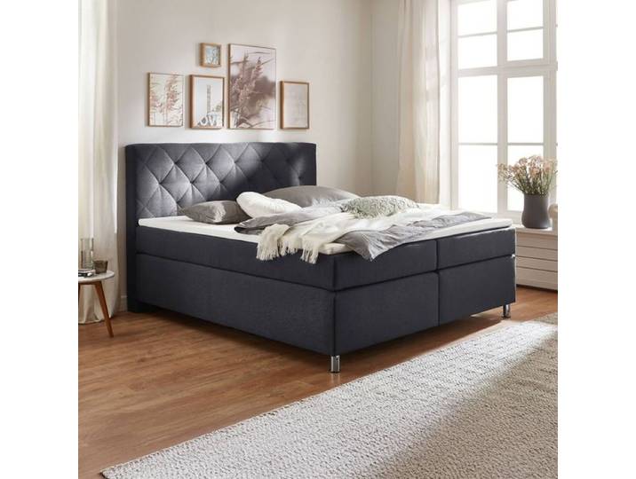 HOMELIV. Boxspringbett Cordelia Webstoff 180x200 cm Bonellfederkern-Box Härtegrad: H3 Dunkelgrau modern, mit Partnerbezug