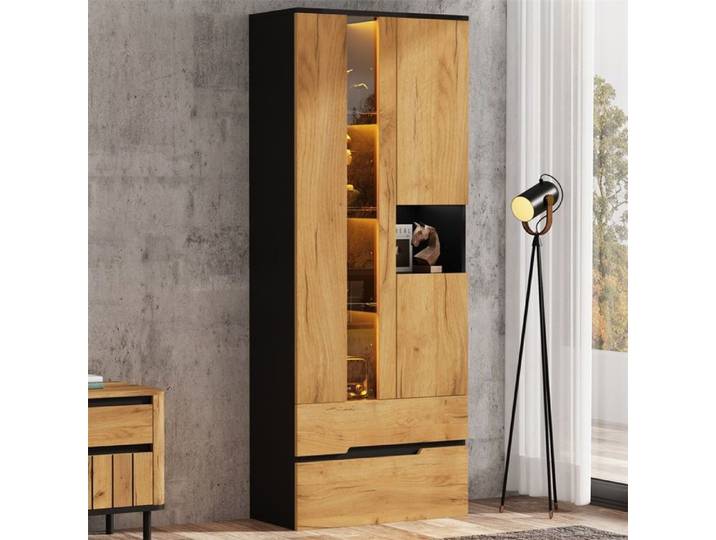 Vitrine de Rangement Haute - Vitrine de salon avec Éclairage LED RGB - 3 Portes et 2 Tiroirs - Naturel et Noir