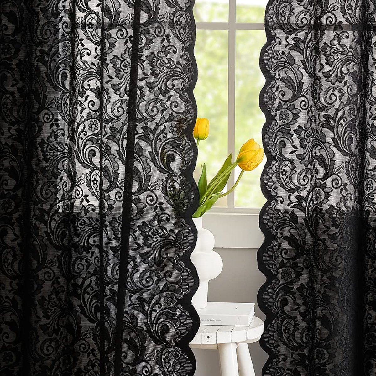 Ibenzoa Stijlvolle zwarte kanten gordijnen met boho en gothic uitstraling, transparant