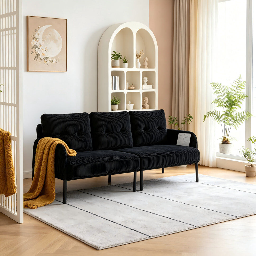 17 Stories 2 Seater Corduroy Sofa Black 80cm H X 170cm W X 72cm D