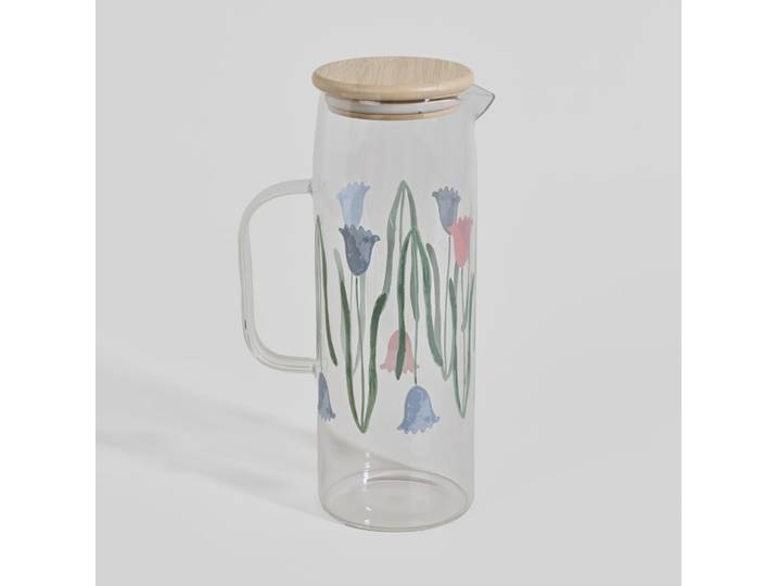 Klare Glaskaraffe mit mehrfarbigen Blumenmustern, 2 l