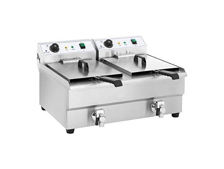 Royal Catering Doppel-Fritteuse aus Edelstahl (2 x 16 l Kapazität, 2 x 3200 Watt, Thermostat, 2 x Ablasshahn) Doppel-Elektro-Fritteuse