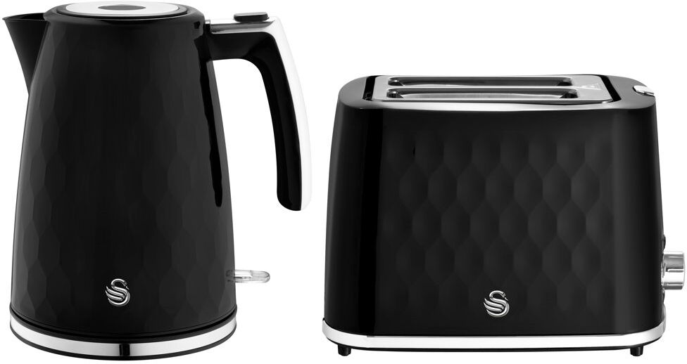 Swan Hexton Kitchen Set, 1.7L Rapid Boil Kettle, 3000W, and 2 Slice Toaster with 7 Browning Levels Black 1.7L