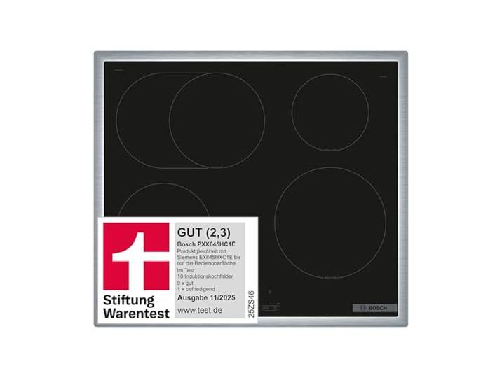 Bosch PXX645HC1E Serie 6 Smartes Induktionskochfeld (autark), 60 cm breit, Freie Platzwahl, 28 cm große Induktions-Kochzone, Umlaufender Rahmen, Kochfeldbasierte Haubensteuerung