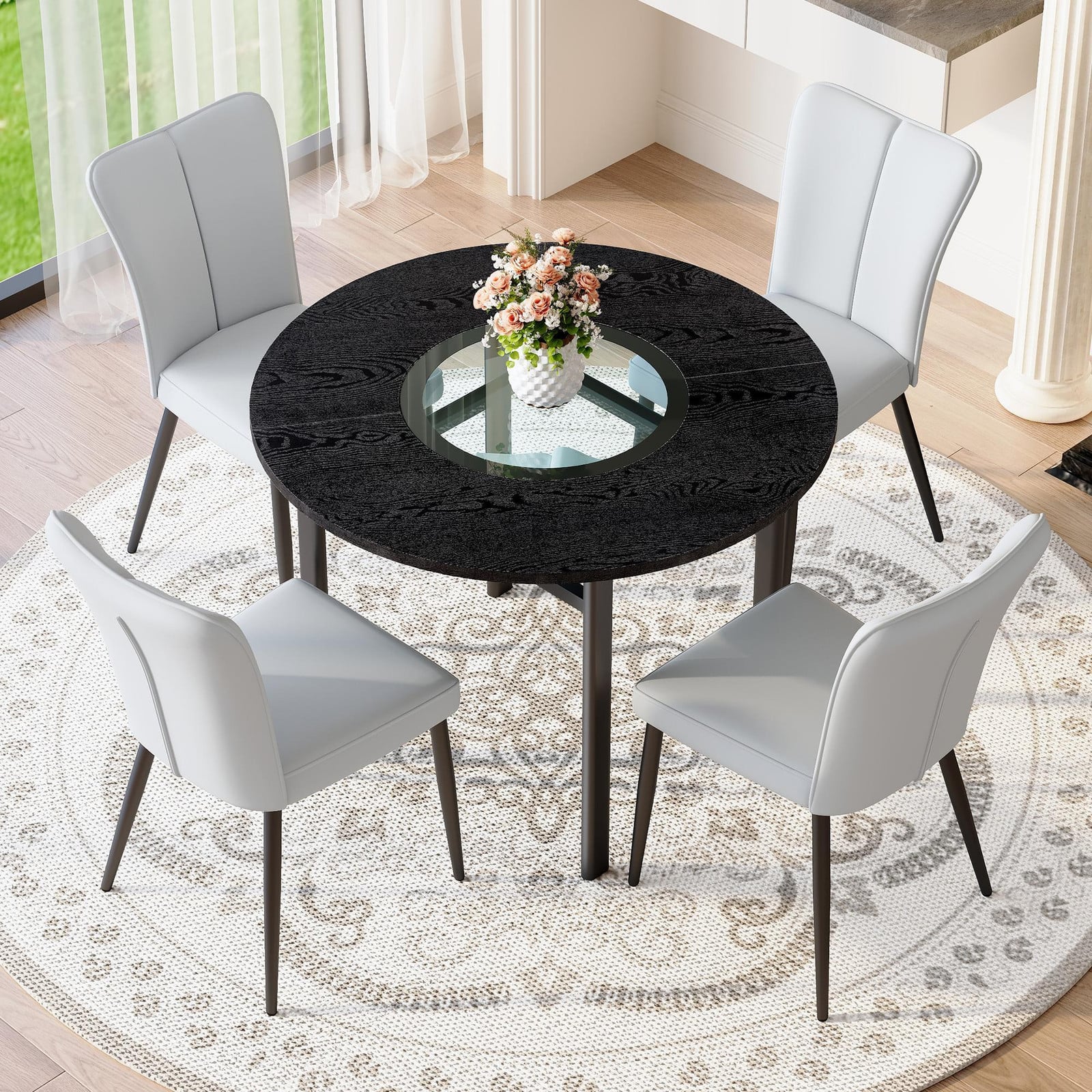 STILVORA Eetset met ronde tafel en 4 stoelen, lichtgrijs en zwart