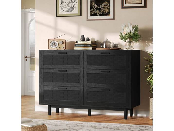 ADWOLT Commode 6 tiroirs Bois massif et tressage en bambou pieds stables anti-bascule 115x40x80cm Noir