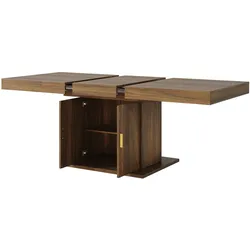 OKWISH Esstisch MDF und Metall Braun 140/180x90x75,2 cm ausziehbar mit Stauraum-Säule und herausnehmbarer Einlegeebene
