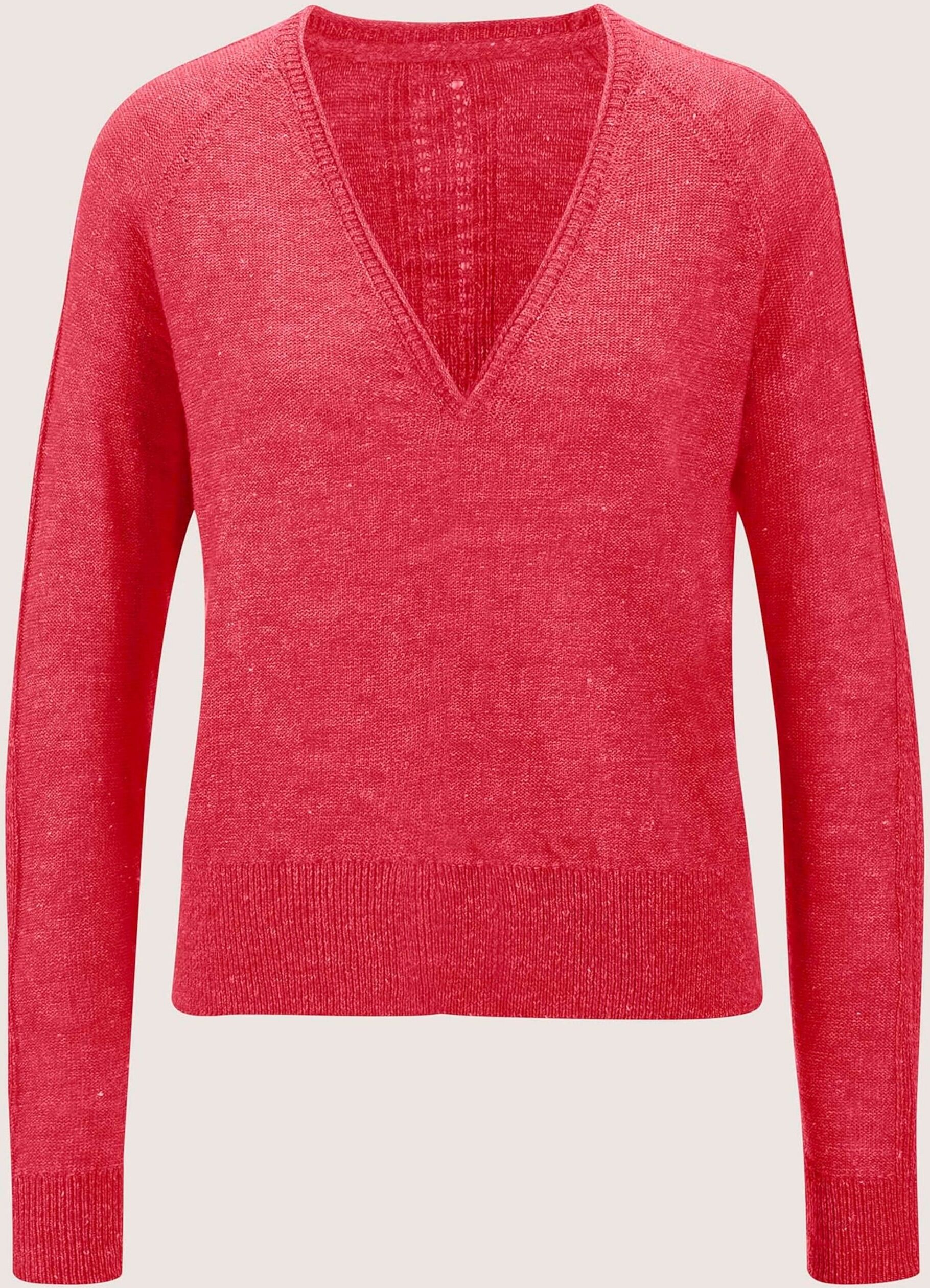 Longpullover MADELEINE "Pullover Sommerlicher Pullover mit V-Ausschnitt", Damen, Gr. 36/38, rot (rot, melange), Obermaterial: 55% Leinen LI. 45% Baumwolle CO., Modern, normal, V-Ausschnitt, Pullover Longpullover
