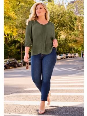 Plus Size Women's Embroidered Lace Detail Peasant Blouse by Avenue in Olive (Size 26/28)