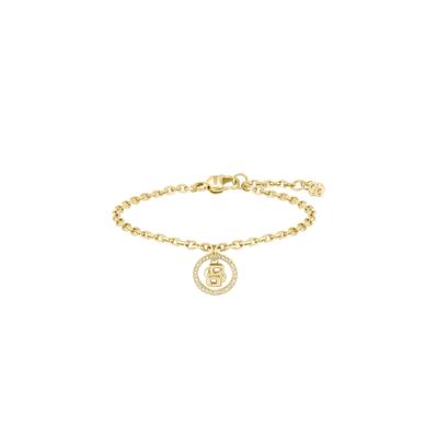 Armkette BOSS "DOUBLE B DIVINE", gelbgoldfarben, kristallweiß, kristallweiß, Armbänder, Damen, 19cm, Edelstahl, Armkette, mit Glasstein
