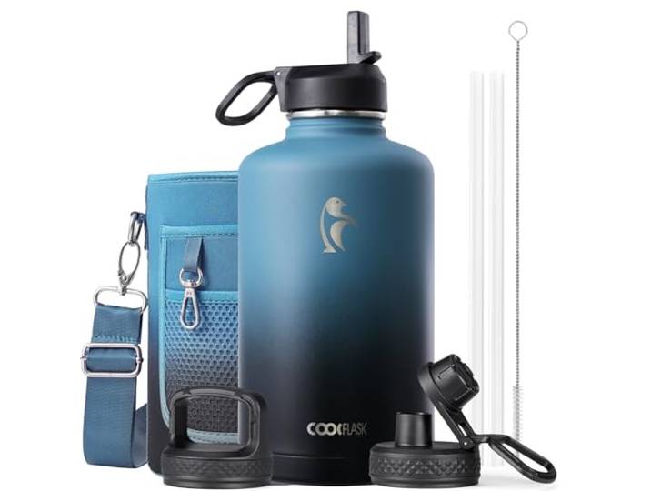 Isolierte Wasserflasche mit wiederverwendbarem Strohhalm und Ausguss-Deckel, 2.5 l, Vakuumflasche aus Edelstahl, breite Öffnung, hält kalt für 48 Stunden oder heiß für 24 Stunden, Samurai Cyan