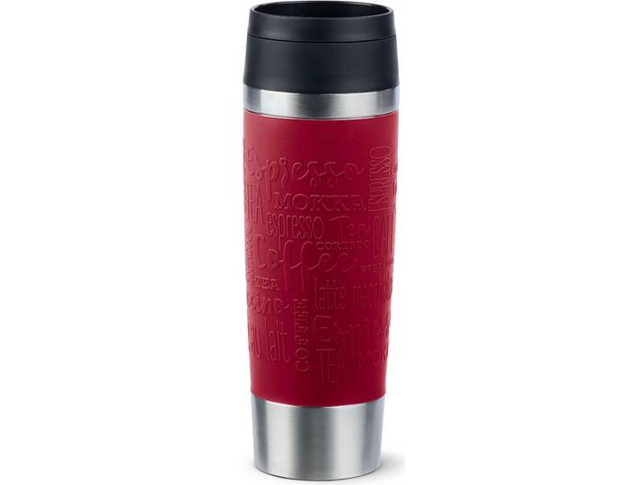 Thermobecher EMSA Travel Mug Classic, mit 360-Trinköffnung, auslaufsicher, rutschfest , rot (dunkelrot), H:24,2cm Ø:8cm, Edelstahl, Kunststoff, Silikon, Trinkgefäße, Thermobecher, 4h heiß, 8h kalt - 360 ml / 6h heiß, 12h kalt - 500 ml, 100% dicht