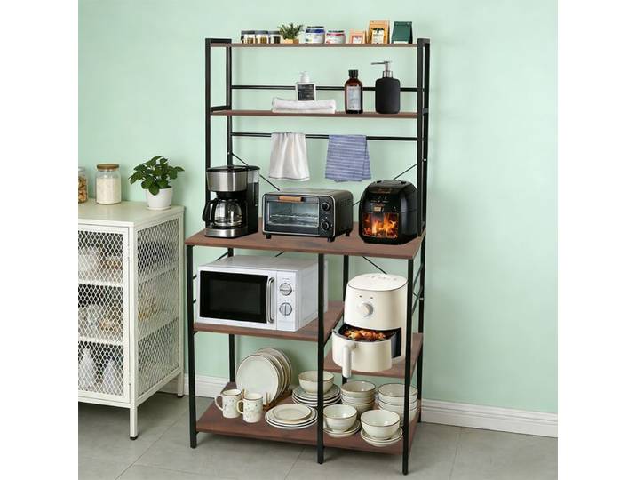 Étagère de Cuisine Meuble de Rangement Support de Micro-Ondes Etagères de Stockage H 165 CM Brunâtre Noir