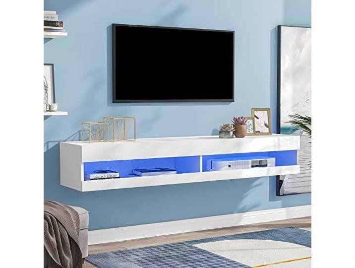 Merax TV-Lowboard mit LED-Beleuchtung, hängend Fernsehschrank Fernsehtisch in Hochglanz mit viel Stauraum für Ihr Wohnzimmer, 140 x 40 x 30.5cm, Weiß