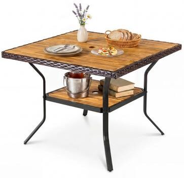 "Costway 37"" Square Outdoor Dining Table for 4 with Acacia Wood Tabletop and 2"" Umbrella Hole-Brown"