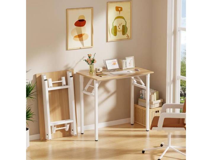 LVHCMFOHM Bureau Pliable Haute Capacité 150kg Cadre en Métal Pour Petits Espaces et Télétravail 80x50x75cm Couleur bois