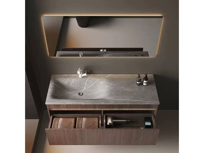 Armoires de salle de bains de luxe légères, lavabo intégré en dalle de roche, meuble de salle de bains moderne en bois massif, meuble de salle de bains