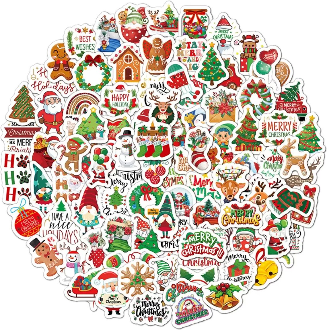 INF Mini Weihnachtsaufkleber 100 Stk. - Wasserdichte PVC Festliche Aufkleber für DIY Dekoration