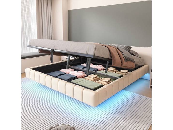 Lit jeune lit coffre 180x200 cm Avec rangement LED sans tête de lit - beige