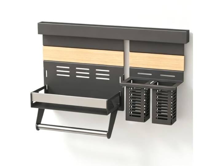 Mai & Mai Küchen Organizer mit Gewürzregal Küche und Besteckhalter Küchenregal zum Schrauben oder Kleben abnehmbar inkl. Rollenhalter und 5 Haken, Schiene 52cm, Grau Reglo-10-12