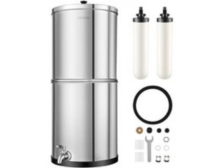 VEVOR Schwerkraft-Wasserfilter Wasserfiltersystem 11,36 L Edelstahl 304, Wasserfilteranlage Reduziert Blei und bis zu 99 % Chlor, mit 2 Keramik-Aktivkohlefiltern, Wasserhahn, für Zuhause und Camping