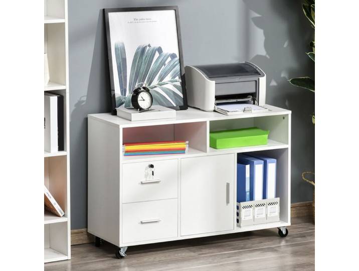 Caisson de bureau - Support imprimante - 2 tiroirs - 3 étagères - Roulettes & serrure