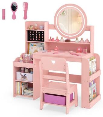 Costway Kids Vanity Desk with Mirror Side Bookshelf and Ring Slots-Pink