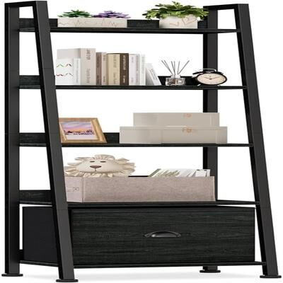 No 4 Tier Ladder Shelf Ladder Bookshelf with Removable Drawer Bookcase Storage Rack Organizer