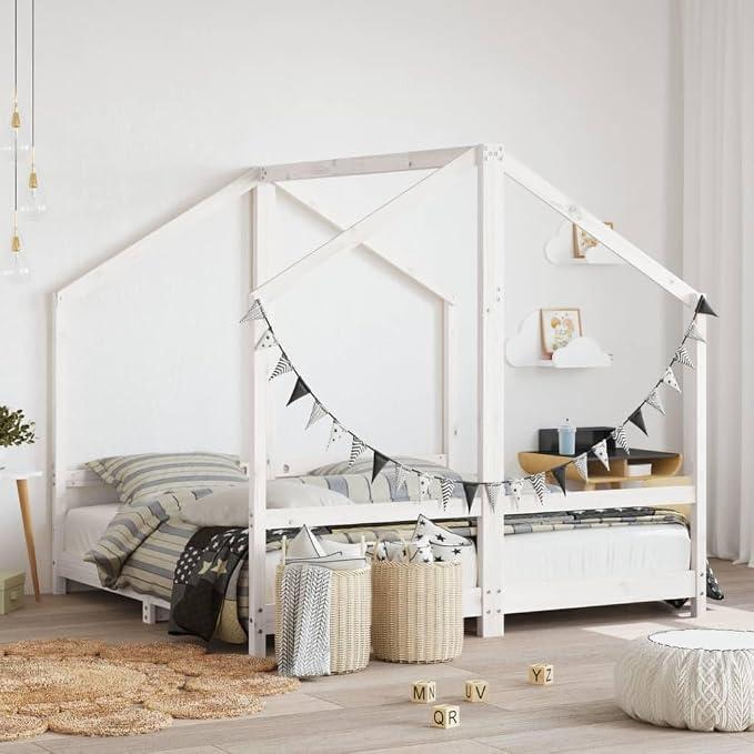Kinderbett Weiß 2x80x160 cm Massivholz Kiefer mit Stauraum und Gitter, umbaubar, höhenverstellbar, geeignet für Säuglinge und Kleinkinder, langlebiges Holz