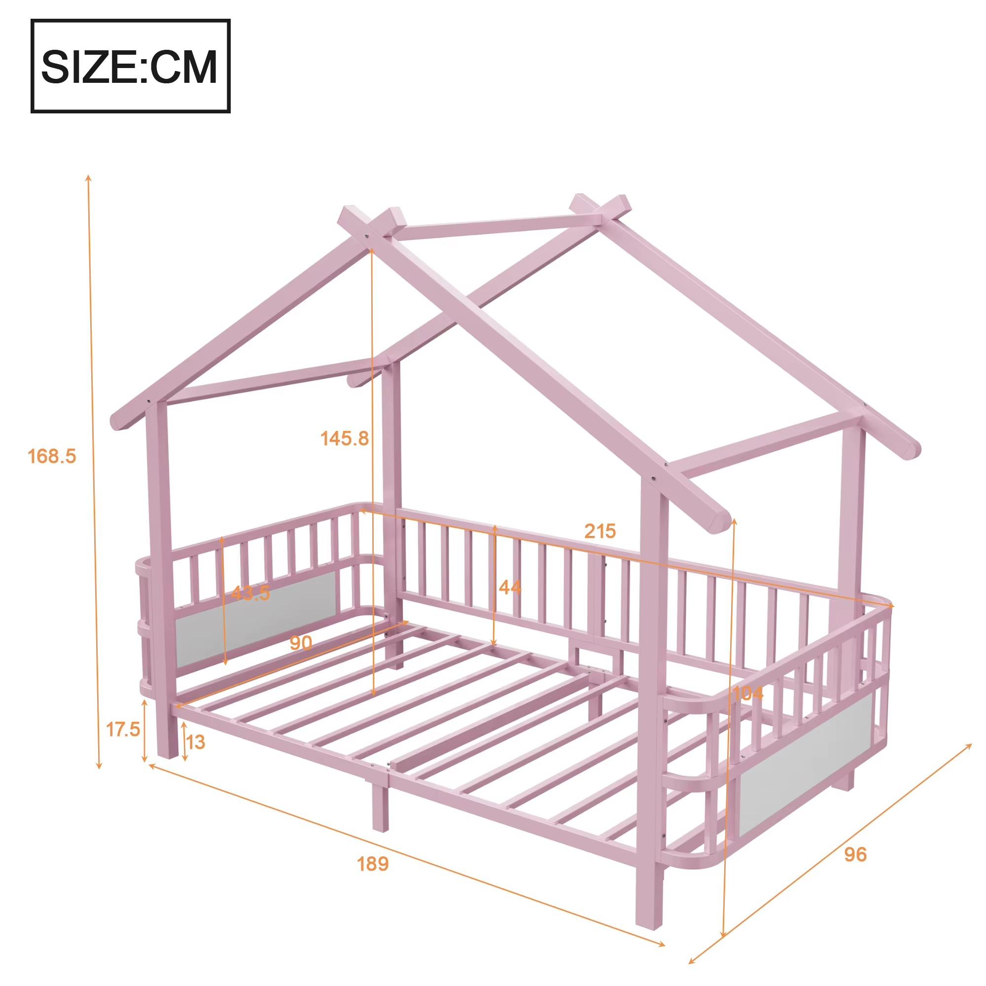 Kinderbett aus Metall - Hausbett - 90 x 200 cm - Rausfallschutz - Dachrahmen - Rosa