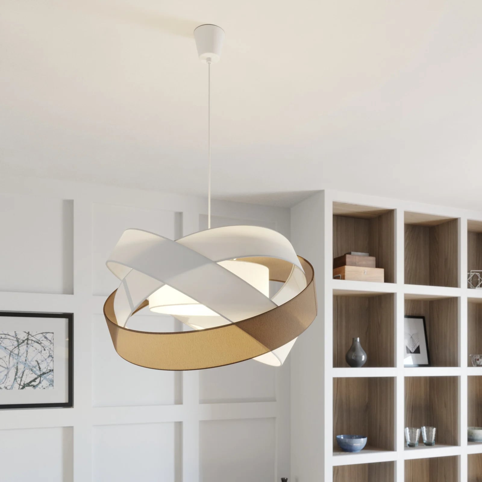 Lindby Simaria moderne hanglamp met textiel in bruin, wit en grijs